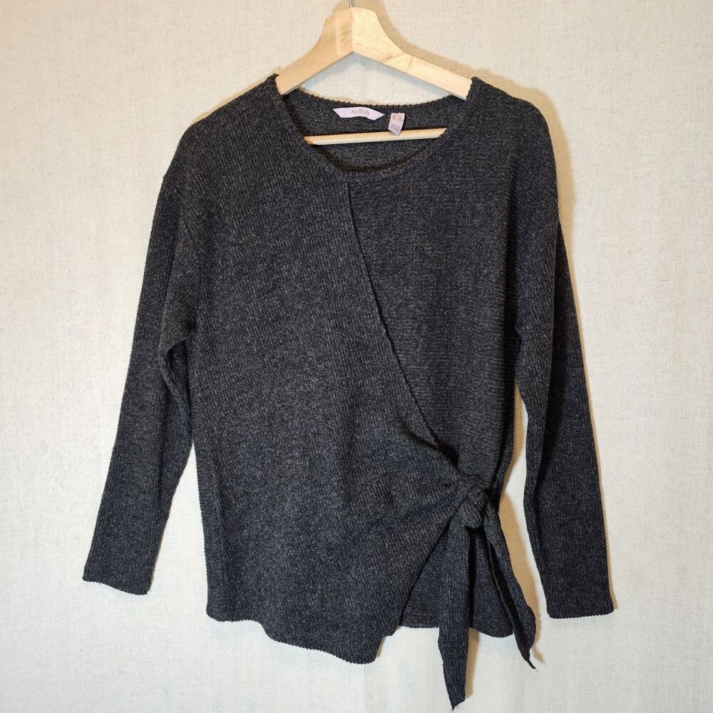 AnyBody Faux Wrap Brushed Ribbed Tie Front Top Sweater Womens XXS Dark Grey